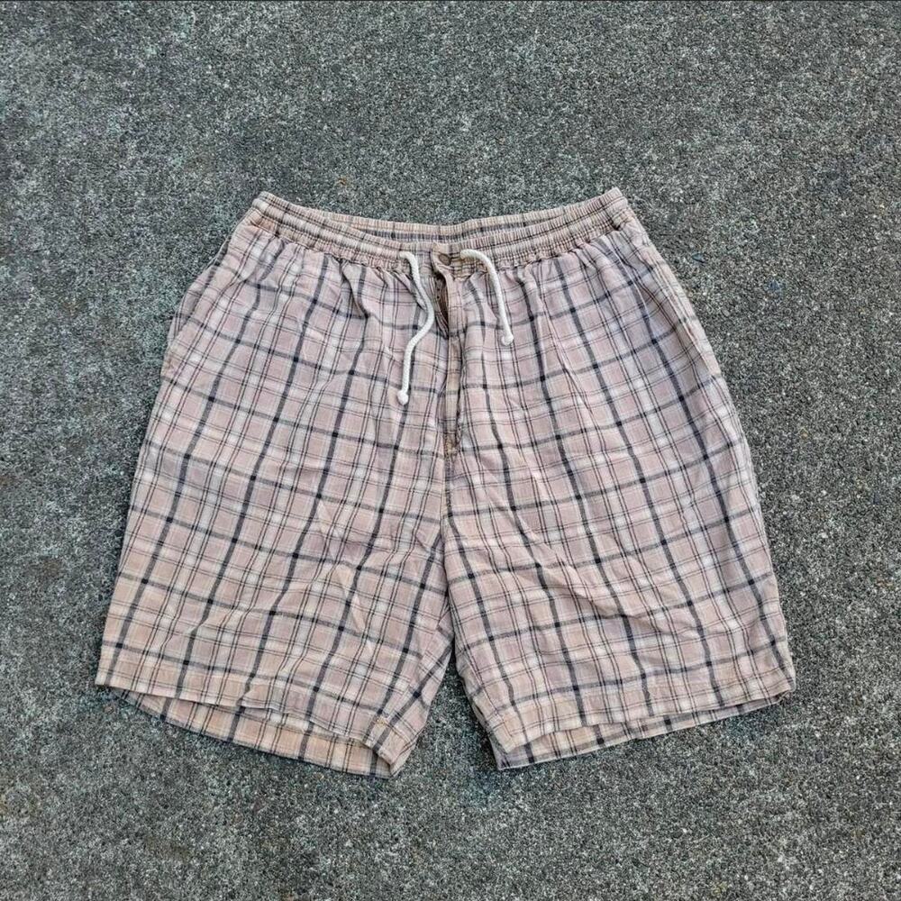 Vtg 90s GAP Light Brown Tan Plaid All Over Print Grunge Skater Cotton Shorts XL